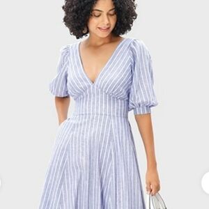 Eshakti Chambray stripe cotton banded empire dress Cottagecore Maxi